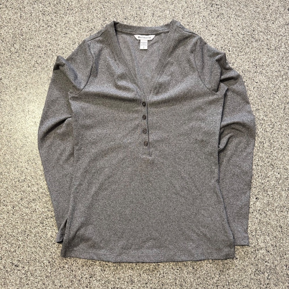 Athleta Uptempo Ribbed Henley Shirt Womens S Grey Button V Neck Long Sleeve